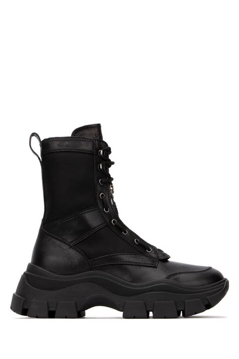 prada black leather and nylon military boots|prada black chunky combat boots.